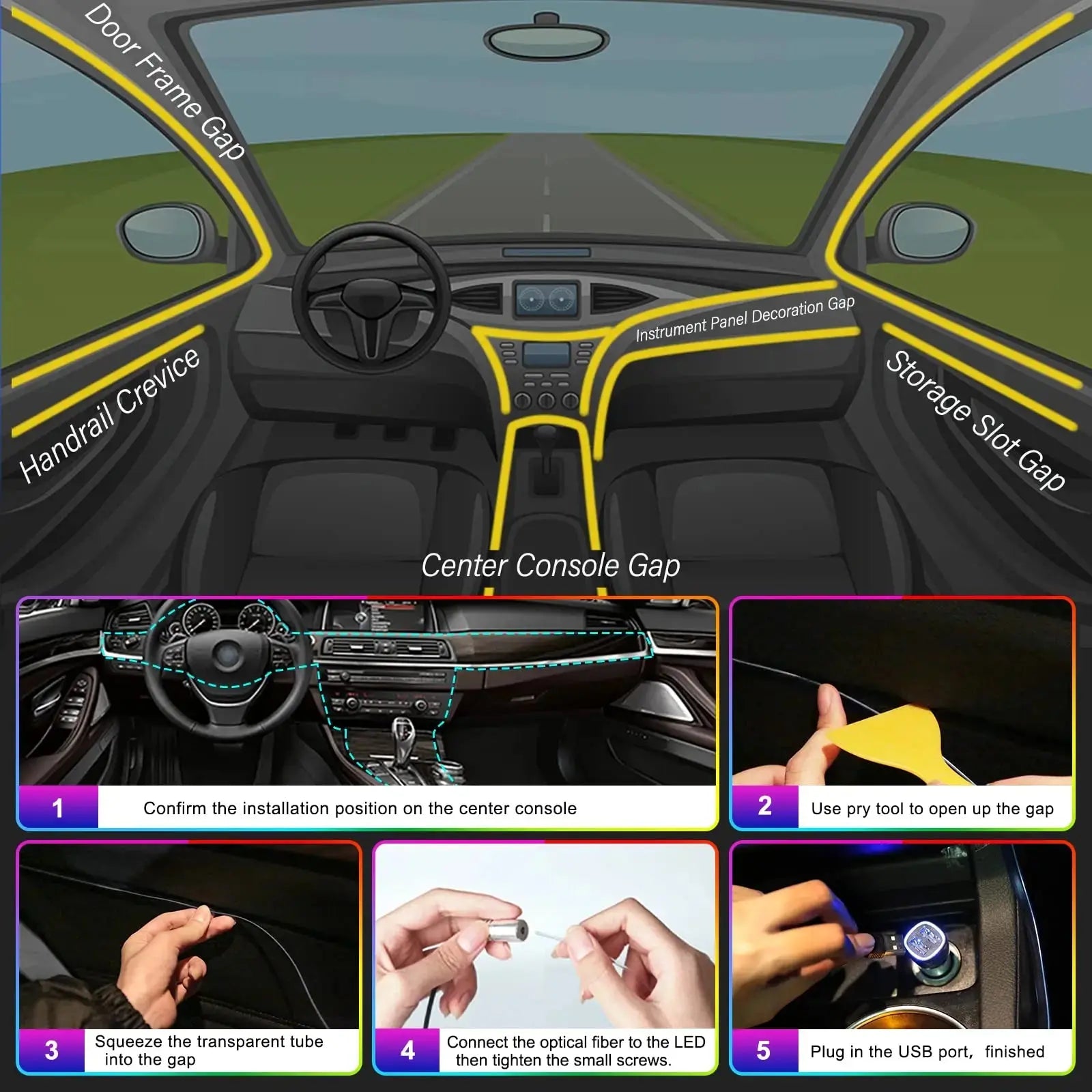 LED Car Interior Ambient Strip Lights RGB Fiber Optic Atmosphere Neon Lighting Kit W/ APP Remote Control Auto Decorative Lamps AddictiveLighting