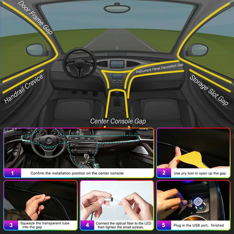 LED Car Interior Ambient Strip Lights RGB Fiber Optic Atmosphere Neon Lighting Kit W/ APP Remote Control Auto Decorative Lamps AddictiveLighting