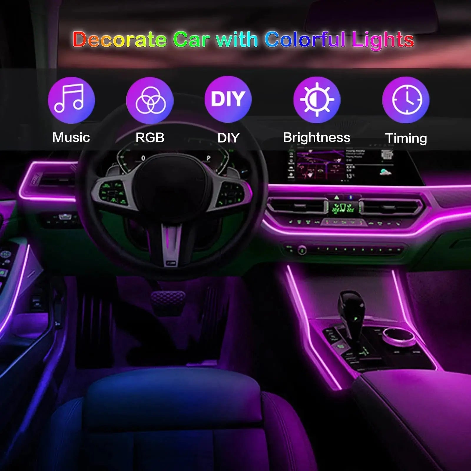 LED Car Interior Ambient Strip Lights RGB Fiber Optic Atmosphere Neon Lighting Kit W/ APP Remote Control Auto Decorative Lamps AddictiveLighting