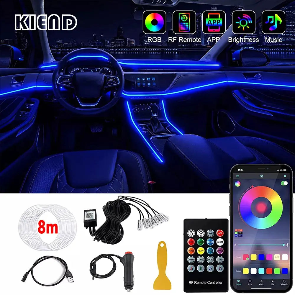 LED Car Interior Ambient Strip Lights RGB Fiber Optic Atmosphere Neon Lighting Kit W/ APP Remote Control Auto Decorative Lamps AddictiveLighting
