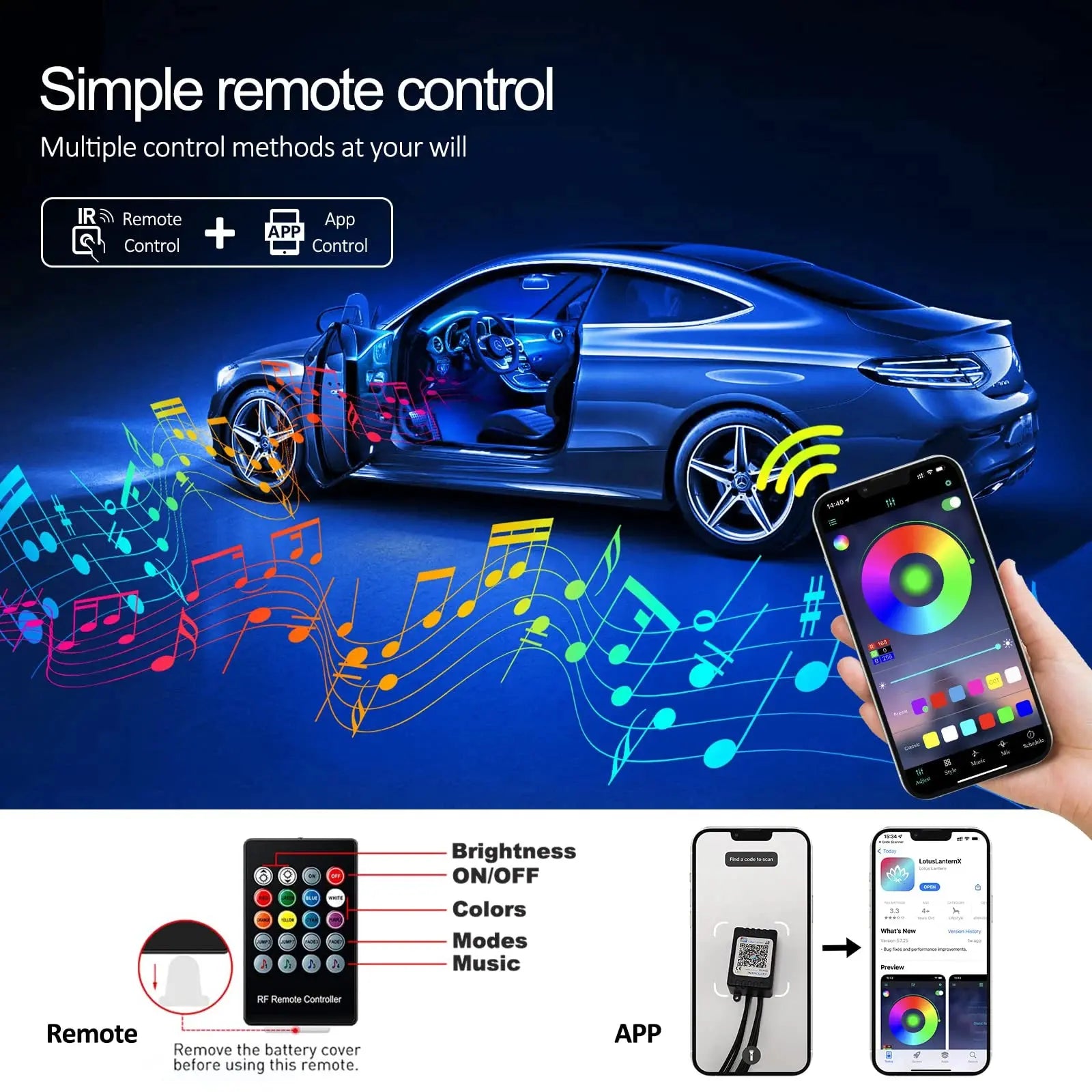 LED Car Interior Ambient Strip Lights RGB Fiber Optic Atmosphere Neon Lighting Kit W/ APP Remote Control Auto Decorative Lamps AddictiveLighting