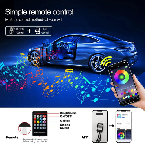 LED Car Interior Ambient Strip Lights RGB Fiber Optic Atmosphere Neon Lighting Kit W/ APP Remote Control Auto Decorative Lamps AddictiveLighting